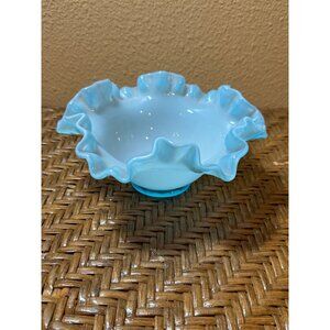 Fenton Ruffled Crimped Edge Art Glass Bowl Blue  7" Candy Dish